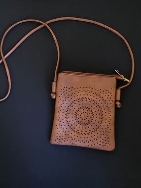 Brown Leatherette Crossbody Bag with Laser-Cut Medallion